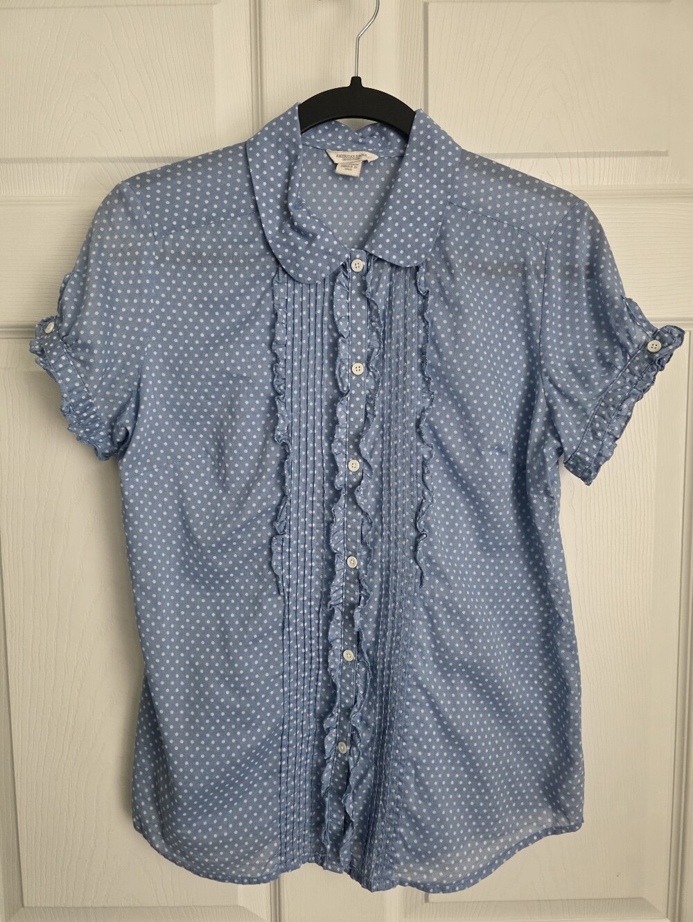 American Eagle Polka Dot Ruffle Blouse Blue White Size 8 Cotton Y2K Style